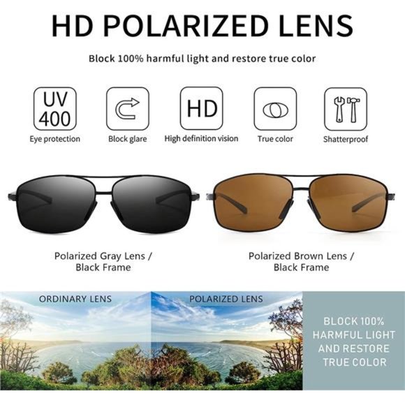 2 Pack Mens Ultra Lightweight Rectangular Polarized Sunglasses UV400 Protection - Picture 2 of 6
